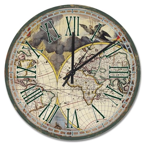 Madcolitote Antike Vintage Holzmaserung Brett Mittelalter Europa Holz Wanduhr Alte Weltkarte 38,1 cm Große Wanduhren Batteriebetrieben Männer Höhle Dekor für Schlafzimmer Wohnzimmer Büro von Madcolitote