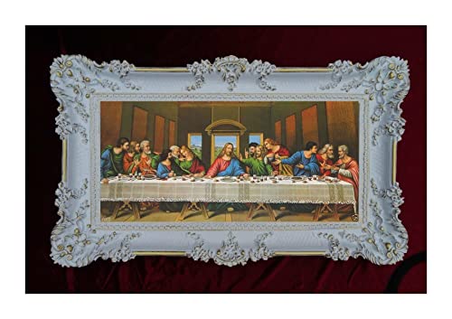 MADE IN ITALY Barock Gemälde Bild mit Rahmen Repro Antik Look Jesus 12 APOSTEL Ultima Cena 96x57cm (Weiss/Gold) von Made in Italy