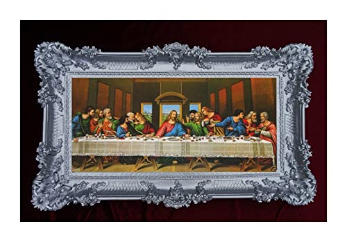Made in Italy Barock Gemälde Bild mit Rahmen Repro Antik look Jesus 12 APOSTEL ULTIMA CENA 96x57cm (Silber) 75B von Made in Italy