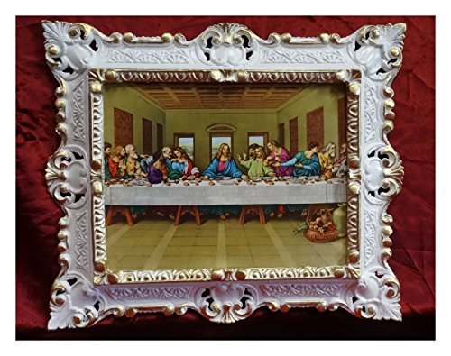 Made in Italy Barock Gemälde Bild mit Rahmen Repro Antik look Jesus Christus mit den zwölf Aposteln 12 Apostel das letzte Abendmahl Jesu ULTIMA CENA 45x38 cm Weiß - Gold Dualcolor 48B von Made in Italy