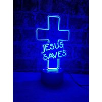 Jesus Rettet Kruzifix-Neonlampe - Led Man-Cave Religiöses Nachtlicht Illusionslampe Schlafzimmerstimmungsbeleuchtung Kirche, Kreuz, Jesus, Gott von MadeAndMemories