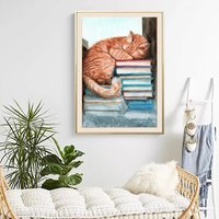 Ginger Katze Schlafend Auf Büchern Aquarell Malerei, Original Wand Kunst, Home Decor von MadeByCatnip