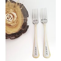 Gravierte Hochzeitsgabeln Personalisiertes Mr & Mrs Gold Besteck-Set von MadeWithLoveByAleksi