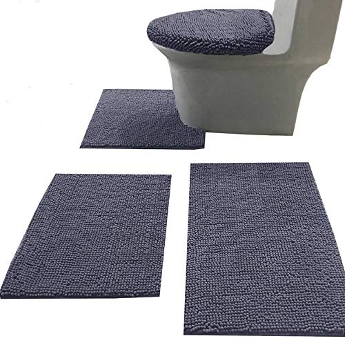 Madeals Badteppich Set 4-teilig mit WC-Deckelbezug und Teppich Set Kombi, Weich Shaggy Badteppich Set 3-teilig und U-förmiger WC-Bodenteppich Dunkelgrau von Madeals