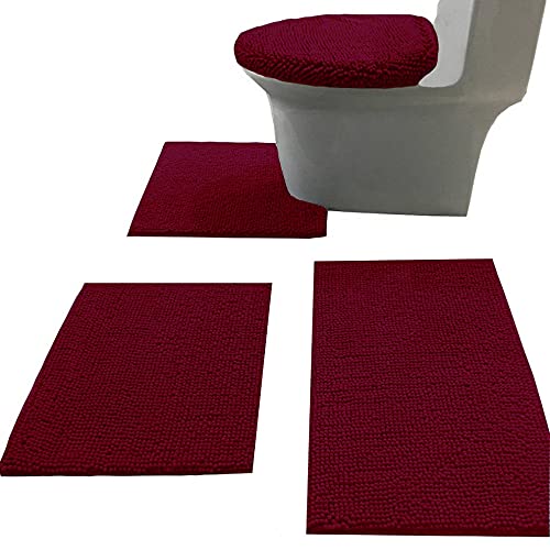 Madeals Badvorleger Set 4-teilig mit WC-Deckelbezug und Vorleger Set Combo, Soft Shaggy Badteppich Set 3-teilig und U-förmiger WC-Bodenteppich Burgund von Madeals