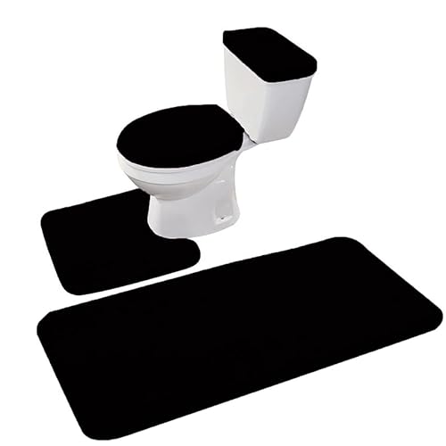 Madeals Toilettenvorleger aus Memory-Schaum, 3-teilig und langer Badezimmerteppich mit WC-Deckelbezug und Tankdeckel-Set, Schwarz von Madeals