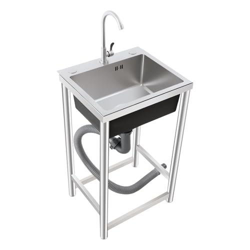 Mobile Spüle 45x41x75cm Spültisch 50kg Tragfähigkeit Freistehend Edelstahl Waschbecken mit Wasserhahn Zulaufrohr und Abtropfgestell für Haushalten, Restaurants von Madelynn