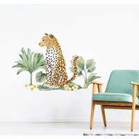 Dschungel Leopard Und Pflanzen - Wandtattoo, Plastikfreie Aquarell Wandaufkleber, Kinderzimmer Wandtattoo von MadeofSundays