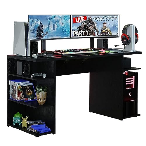 Madesa Gaming Computertisch, Schreibtisch, PC-Tisch, Bürotisch mit 5 Regale, 136 x 60 x 75 cm, aus Holz - Schwarz von Madesa