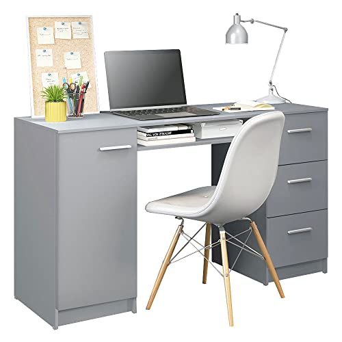 Madesa Schreibtisch, Computertisch mit 3 Schubladen und 1 Tür, 136 x 45 x 77 cm, aus Holz - Grau von Madesa