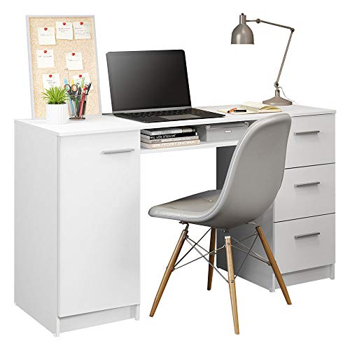 Madesa Schreibtisch, Computertisch mit 3 Schubladen und 1 Tür, 136 x 45 x 77 cm, aus Holz - Weiß von Madesa