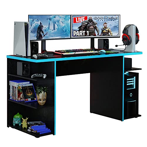 Madesa Gaming Computertisch, Schreibtisch, PC-Tisch, Bürotisch mit 5 Regale, 136 x 60 x 75 cm, aus Holz - Schwarz/Blau von Madesa