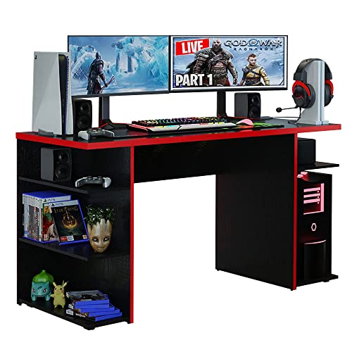 Madesa Gaming Computertisch, Schreibtisch, PC-Tisch, Bürotisch mit 5 Regale, 136 x 60 x 75 cm, aus Holz - Schwarz/Rot von Madesa