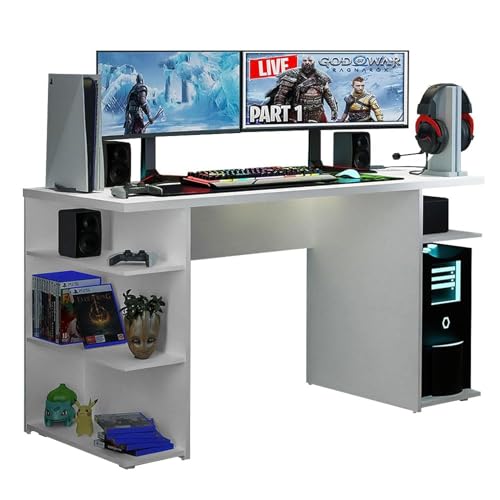 Madesa Gaming Computertisch, Schreibtisch, PC-Tisch, Bürotisch mit 5 Regale, 136 x 60 x 75 cm, aus Holz - Weiß von Madesa