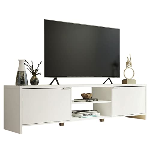 Madesa TV Schrank, Modernes TV Lowboard mit 2 Türen für Wohn- und Schlafzimmer für TV bis 75 Zoll, 180 x 39 x 47 cm, aus Holz - Weiß von Madesa