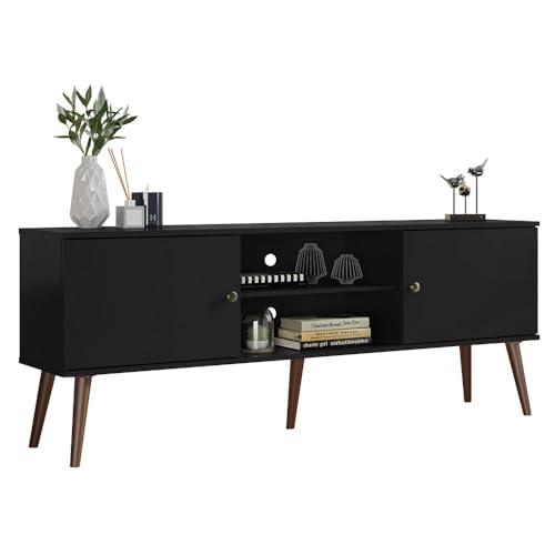 Madesa TV-Ständer Mid-Century Konsole mit 2 Türen und 2 Ablagen und Metallknöpfen für 55, 65 Zoll Medien Speicher Medienkonsole Entertainment Center Holz Fernsehschrank - Schwarz von Madesa