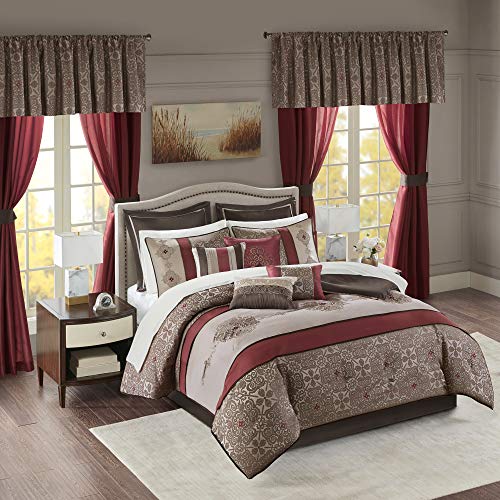 Madison Park Essentials 24-Piece Room In A Bag Comforter Set-Satin Jacquard All Season Luxury Bedding, Sheets, Decorative Pillows and Curtains, Valance, Queen(90"x90"), Delaney, Medallion Red von Madison Park