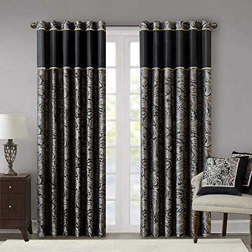 Madison Park Aubrey Faux Silk Paisley Jacquard, Rod Pocket Curtain with Privacy Lining for Living Room, Kitchen, Bedroom and Dorm, 50" x 95", Black von Madison Park