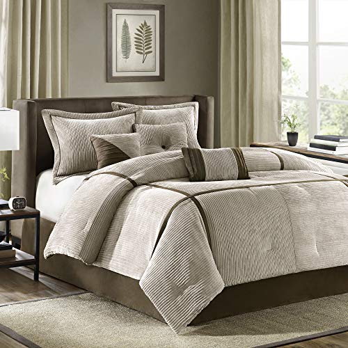 Madison Park Cozy Comforter Set Casual Blocks Design All Season, Matching Bed Skirt, Decorative Pillows, Queen(90"x90"), Dallas Corduroy, Taupe Brown, 7 Piece von Madison Park