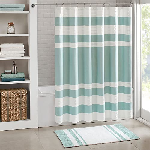 Madison Park Duschvorhang, Waffelgewebe, Stoff-Duschvorhang mit 3M Scotchgard-Feuchtigkeitsmanagement, Premium-Spa-Qualität, Moderne Duschvorhänge für Badezimmer, hoch 183,9 x 213,4 cm, Aqua von Madison Park