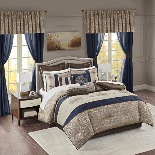 Madison Park Essentials 24-Piece Room In A Bag Comforter Set-Satin Jacquard Luxus Jahreszeiten, Bettwäsche, dekorative Kissen und Vorhänge, Volant, Polyester, Delaney, Medallion Navy, King(104"x92") von Madison Park