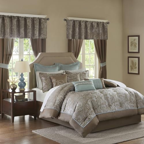 Madison Park Essentials Brystol Bettwäsche-Set, 24-teilig, Kunstseide, Jacquard, Paisleymuster, passende Vorhänge, Daunen-Alternative, hypoallergen, für alle Jahreszeiten, Blau Madison Park Essentials Brystol Bettwäsche-Set, 24-teilig, Kunstseide, Jacquard, Paisleymuster, passende Vorhänge, Daunen-Alternative, hypoallergen, für alle Jahreszeiten, Blau von Madison Park