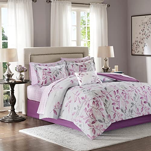 Madison Park Essentials Lafael Cozy Bed In A Bag Comforter with Complete Cotton Sheet Set - Trendy Floral Design All Season Cover, Decorative Pillow, Twin (172,7 x 218,4 cm), Leaf Purple, 9-teilig von Madison Park