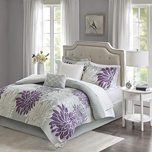 Madison Park Essentials Maible Cozy Bed in A Bag Tröster mit komplettem Baumwoll-Bettlaken-Set für alle Jahreszeiten, dekoratives Kissen, 198,1 x 218,4 cm, Violett/Grau von Madison Park