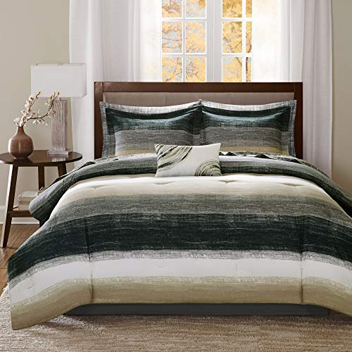 Madison Park Essentials Saben Bettdecke in einer Tasche, lebendiges Farben-Design, für alle Jahreszeiten, alternativer Bezug aus Baumwolle, Kingsize-Bett (264,2 x 233,7 cm), gestreift, Taupe, 9-teilig von Madison Park