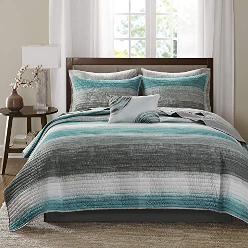 Madison Park Essentials Saben Cozy Bed in A Bag Reversible Quilt with Complete Cotton Sheet Set, Geometric Design All Season Cover, Decorative Pillow, Full(198,1 x 218,4 cm), Stripes Aqua 8 Piece von Madison Park