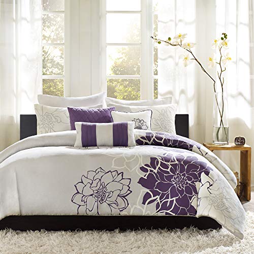 Madison Park Lola Cotton Duvet-Modern Large Floral Trendy Design All Season Comforter Cover Bedding Set with Matching Shams, Decorative Pillows, Full/Queen(90"x90"), Purple, 6 Piece von Madison Park