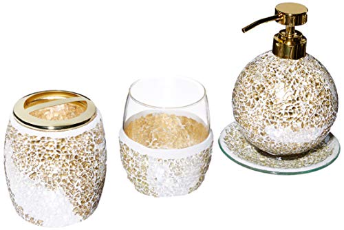 Madison Park Mosaik-Badezimmer-Zubehör-Set, 4-teiliges Badzubehör-Set mit goldfarbenem Seifenspender, Zahnbürstenhalter, Becher und Ringablage von Madison Park