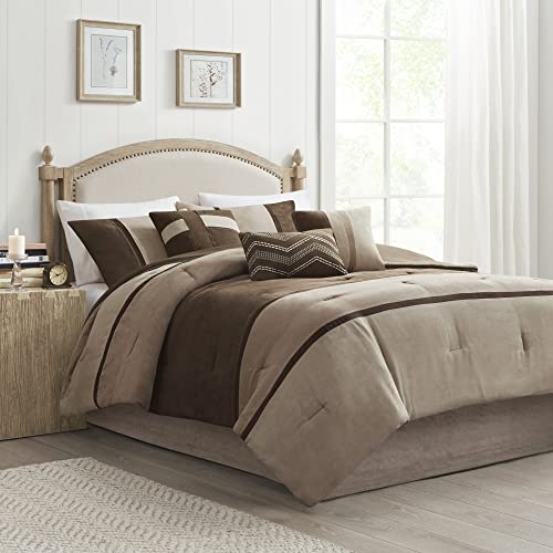 Madison Park Palisades Bettwäsche-Set für Queen-Size-Betten, in Einer Tasche, Braun, Taupe, gestreift, 7-teiliges Bettwäscheset, Mikro-Wildleder, Schlafzimmerdecke von Madison Park