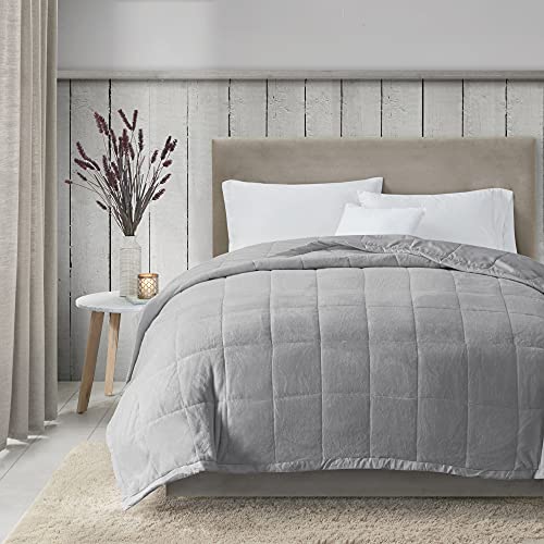 Madison Park Queen Cozy Blanket HeiQ Smart Temperature Plush to Microfiber Reverse Box Quilting, Reversible, Soft All Season, Lightweight Summer Cover, for Bed, Couch and Sofa, Full/Queen, Grey von Madison Park