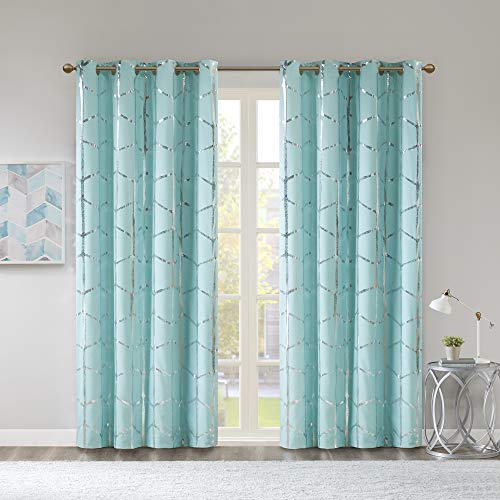 Madison Park Raina Total Blackout Metallic Print Grommet Top Window Curtain Panel Thermal Insulated Light Blocking Drape for Bedroom Living Room and Dorm, 50x84, Aqua/Silver von Intelligent Design