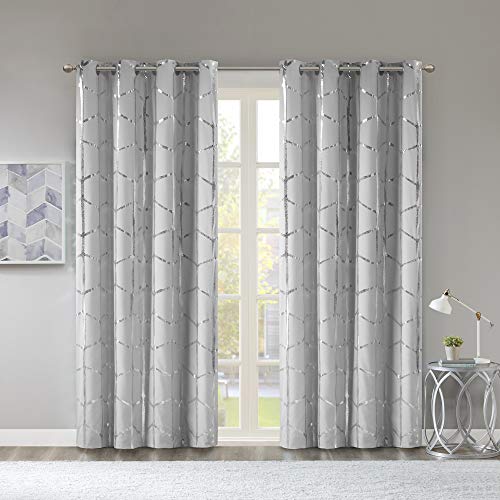 Madison Park Raina Total Blackout Metallic Print Grommet Top Window Curtain Panel Thermal Insulated Light Blocking Drape for Bedroom Living Room and Dorm, 50x84, Grey/Silver von Intelligent Design