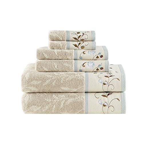 Madison Park Serene Badetuch-Set, 100% Baumwolle, luxuriös, mit Blumenmuster, Bestickt, Baumwolle, Jacquard-Design, weich und sehr saugfähig für die Dusche, Verschiedene Größen, Blau von Madison Park