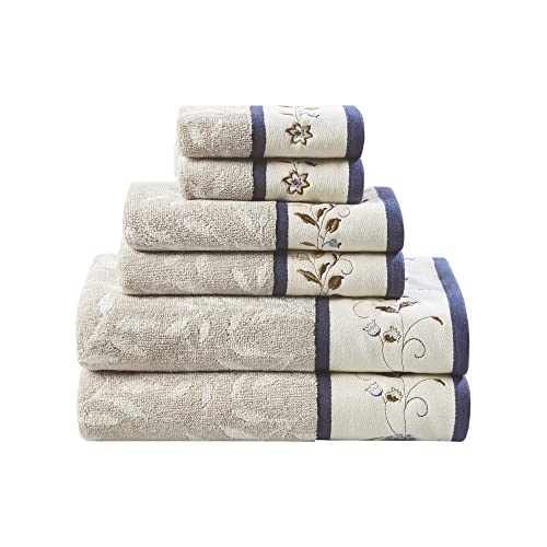 Madison Park Serene Badetuch-Set, 100% Baumwolle, luxuriöses Blumenmuster, Bestickt, Baumwoll-Jacquard-Design, weich und sehr saugfähig, für die Dusche, Verschiedene Größen, Marineblau, 6-teilig von Madison Park