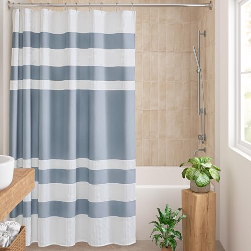 Madison Park Duschvorhang, Waffelgewebe, gestreift, Stoff-Duschvorhänge für Badezimmer, mit 3M-Scotchgard-Feuchtigkeitsmanagement, Premium-Spa-Qualität, moderner Standard, 183 x 183 cm, Blau von Madison Park