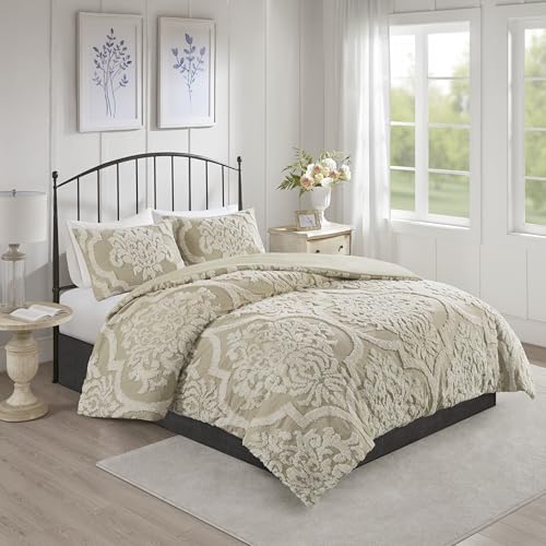 Madison Park Tufted Chenille 100% Cotton Comforter Ganzjahres-Bettwäsche-Set, passende Kissenbezüge, Baumwolle, Bratsche, Damast, Taupe, Full/Queen(90"x90"), 3 von Madison Park