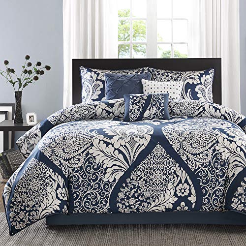 Madison Park Sateen Cotton Comforter Set-Traditional Luxe Design All Season Lightweight Bedding, Shams, Bedskirt, Decorative Pillows, King(104"x92"), Vienna, Damask Indigo 7 Piece von Madison Park