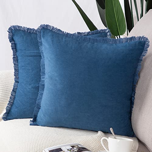 Madizz 2er Set Kissenbezügen aus Wildleder mit Fransenquasten Weiche dekorative Kissenbezüge für Sofa Schlafzimmer Kissenhülle Blau 50x50 cm Quadrat von Madizz