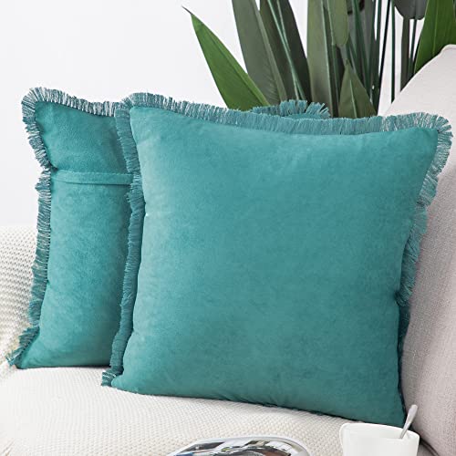 Madizz 2er Set Kissenbezügen aus Wildleder mit Fransenquasten Weiche dekorative Kissenbezüge für Sofa Schlafzimmer Kissenhülle Blaugrün 60x60 cm Quadrat von Madizz