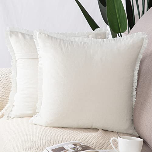 Madizz 2er Set Kissenbezügen aus Wildleder mit Fransenquasten Weiche dekorative Kissenbezüge für Sofa Schlafzimmer Kissenhülle Creme Weiß 40x40 cm Quadrat von Madizz