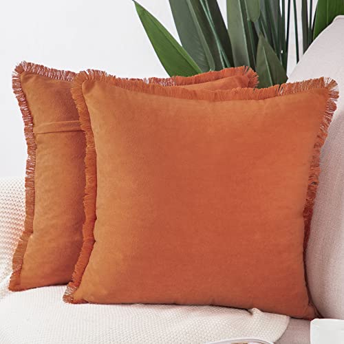 Madizz 2er Set Kissenbezügen aus Wildleder mit Fransenquasten Weiche dekorative Kissenbezüge für Sofa Schlafzimmer Kissenhülle Orange 40x40 cm Quadrat von Madizz