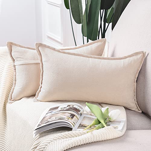 Madizz 2er Set kurzen Chenille Zierkissenbezüge weicher dekorativer Kissenbezug für Sofa, Schlafzimmer Kissenhülle Beige 30x50 cm Rechteckig von Madizz