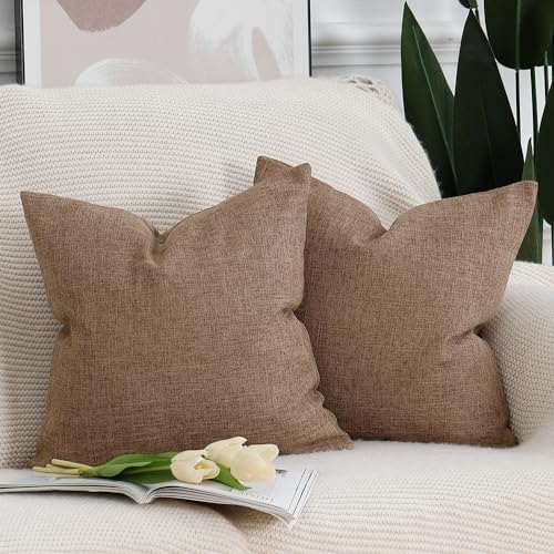 Madizz 2er Set Faux Leinen Kissenbezügen Weich Dekorative Kissenabdeckung für Sofa Schlafzimmer Kissenhülle Hellbraun 40x40 cm Quadrat von Madizz