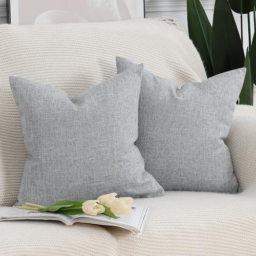 Madizz 2er Set Faux Leinen Kissenbezügen Weich Dekorative Kissenabdeckung für Sofa Schlafzimmer Kissenhülle Hellgrau 40x40 cm Quadrat von Madizz