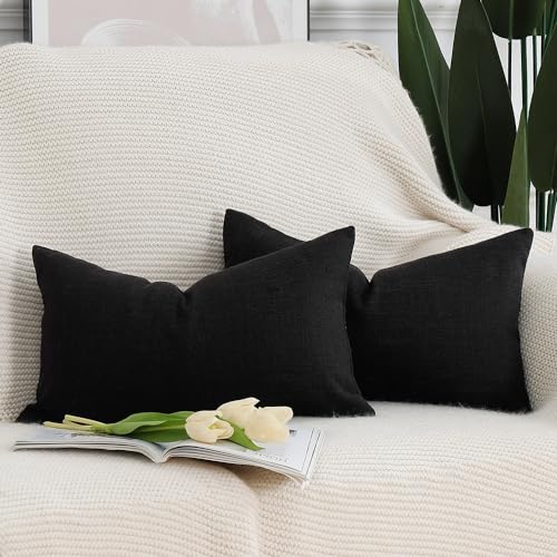 Madizz 2er Set Faux Leinen Kissenbezügen Weich Dekorative Kissenabdeckung für Sofa Schlafzimmer Kissenhülle Schwarz 30x50 cm Rechteckig von Madizz