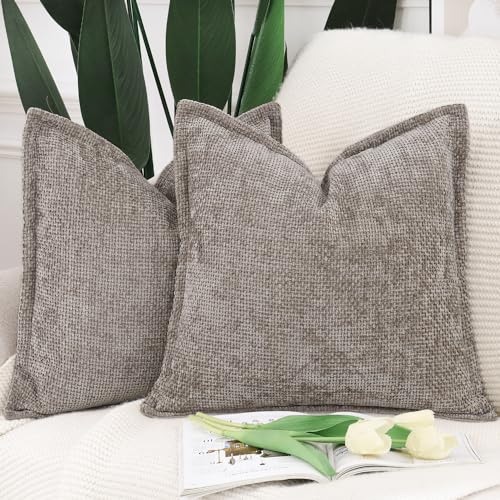 Madizz 2er Set Chenille Samt mit Rand Kissenbezüge Weiche Dekorativ Zierkissenbezüge Modern Kissenhülle für Sofa Wohnzimmer Schlafzimmer Taupe 40x40 cm von Madizz